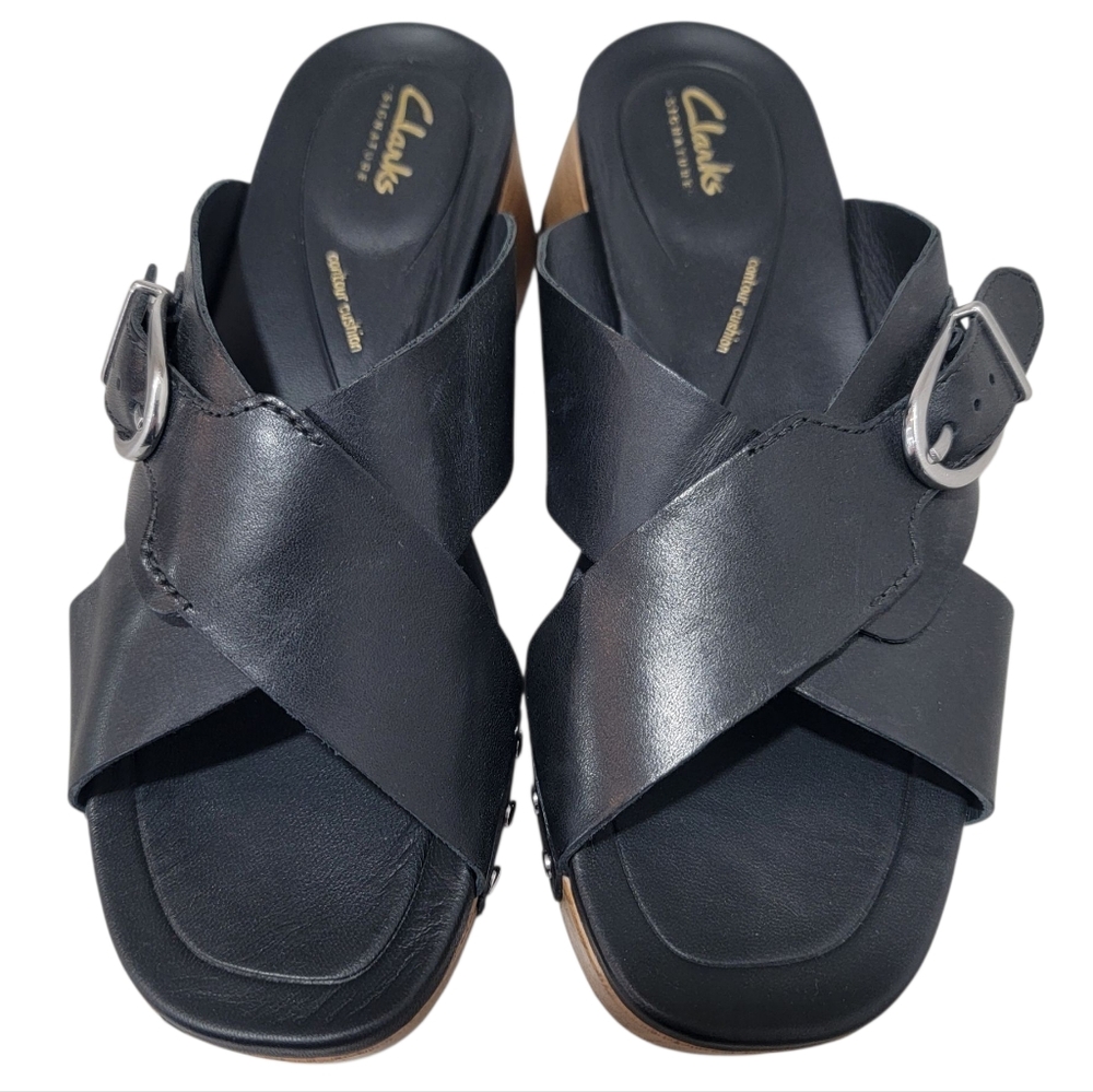 Clarks Sivanne Walk Wedge Sandal Black Leather Slip On Clog Slide Women’s 8.5 - Picture 4 of 17
